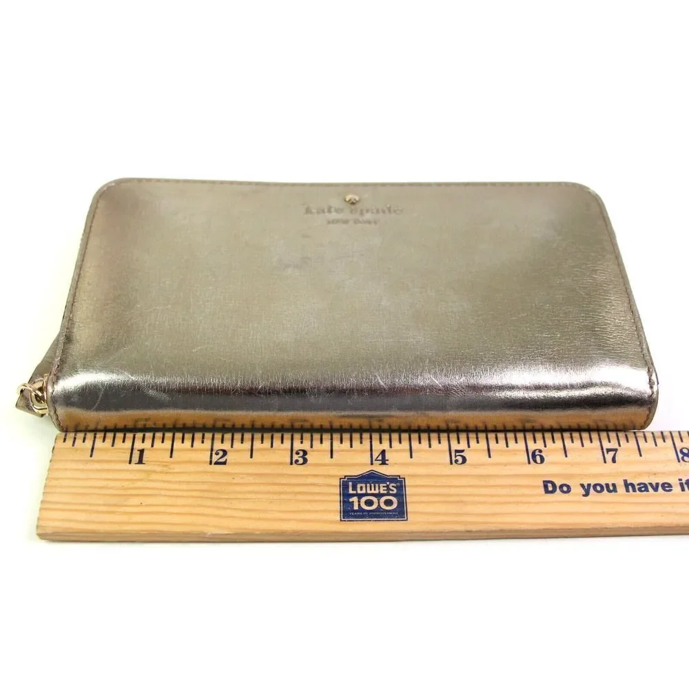 kate spade new york ANTIQUE GOLD REAL LEATHER LOGO ZIP AROUND CARD WALLET CLUTCH